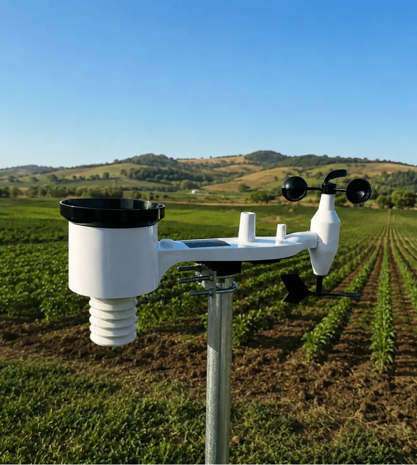 Estación meteorológica Sky WS instalada en un campo agrícola